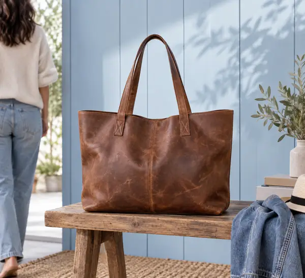Bolsa tote grande de couro marrom desgastado, fotografada diante de painéis de parede azul-claro, em uma composição de produto limpa e com luz natural suave