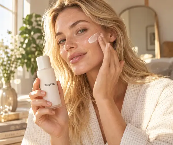Imagem em close-up de uma campanha de beleza mostrando uma mulher loira aplicando creme para a pele na bochecha enquanto segura um frasco de cosmético, em um ambiente acolhedor iluminado pelo sol, com fotografia editorial natural