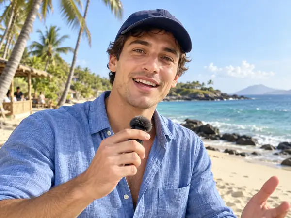 Jovem simpático de camisa de linho azul e boné azul-marinho falando em um pequeno microfone em uma praia ensolarada, em um registro espontâneo de vídeo de criador de conteúdo, com palmeiras e o mar ao fundo