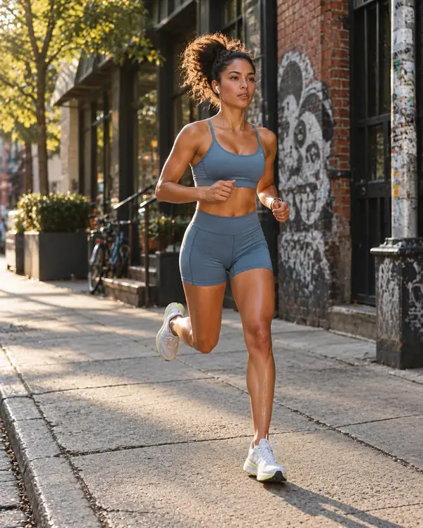 Imagem de moda esportiva de uma mulher correndo em uma rua ensolarada da cidade