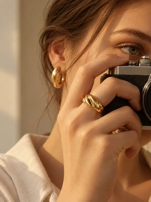 Fotografia editorial em close-up de uma modelo usando joias de ouro sob luz quente