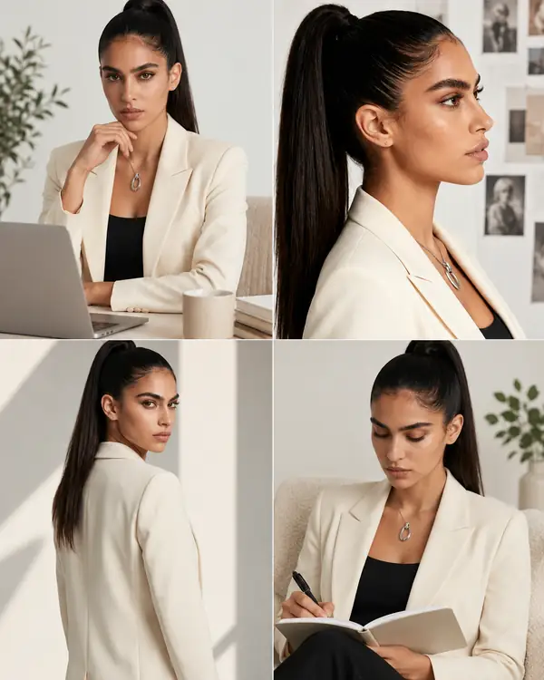 Quatro retratos de moda coordenados mostrando a mesma personagem com um blazer creme