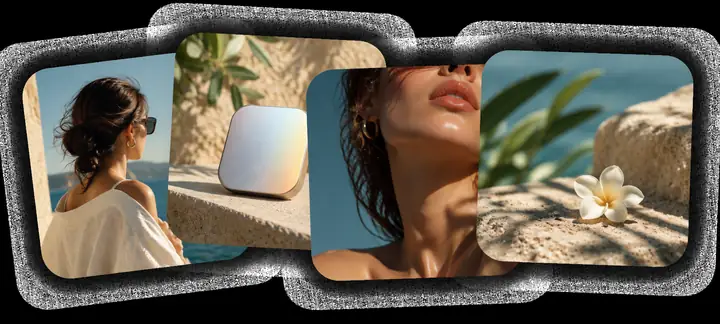 Exemplos sobrepostos de retratos de moda, imagens de produtos e fotografias de beleza